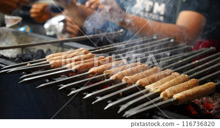 Shopkepper Selling Seekh Kebab at Zakaria Street in Kolkata Near Nakhoda Masjid during Eid 116736820