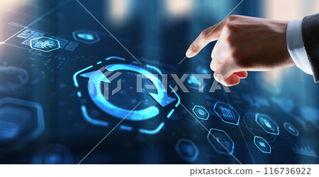 Businessman touching icon Update software application. Hardware upgrade technology concept 116736922