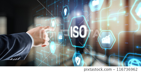 ISO Standard certification standardisation quality control concept on virtual screen ISO Standard certification standardisation quality control concept on virtual screen 116736962