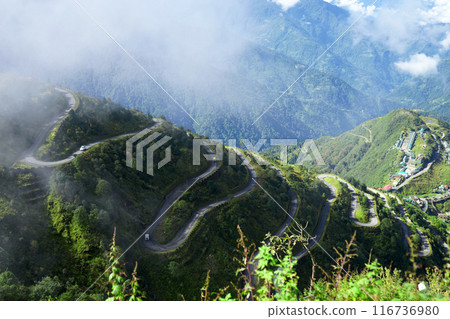 Side Angle View of Old Silk Route Zig Zag Road 116736980