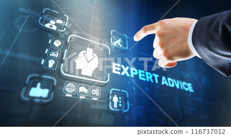 Expert advice. Businessman hand touching inscription on virtual screen 116737012