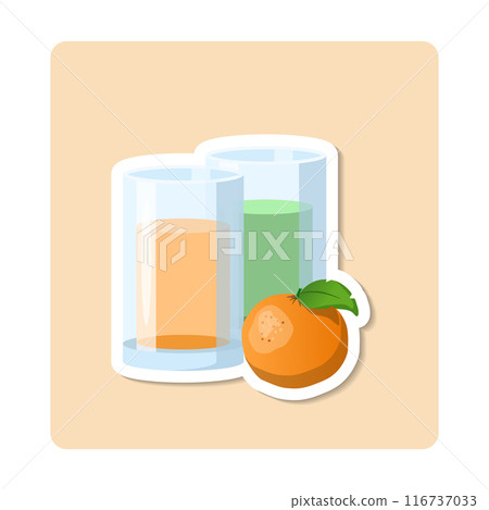 Two glasses filled with orange and green juice accompanied by a tangerine on a blue surface 116737033