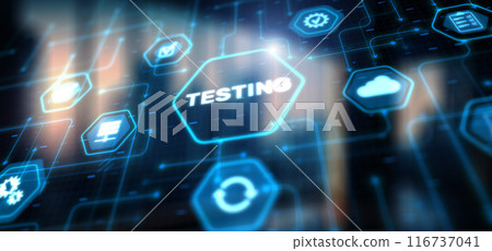 Technology icons and TESTING inscription, web technology concept Technology icons and TESTING inscription, web technology concept 116737041