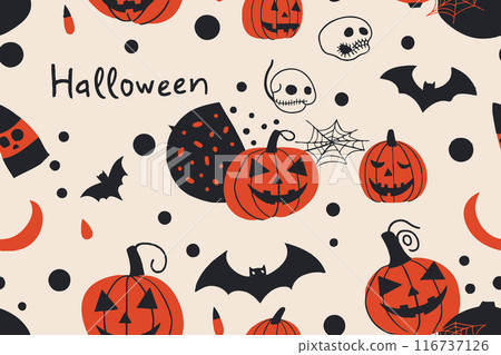 Halloween pumpkin Jack seamless pattern. Holiday party wrapping paper scary character design. Halloween creepy spooky card template vector illustration Halloween pumpkin Jack seamless pattern. Holiday party wrapping paper scary character design. Halloween creepy spooky card template vector illustration 116737126
