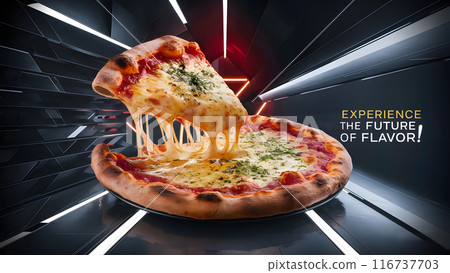 Design a billboard with a closeup of a cheese pizza and a juicy patty 116737703
