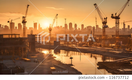 People's activities contribute to global warming, Show a construction site at golden hour, with the warm light casting long shadows of cranes and machinery, and the city skyline bathed in a soft, People's activities contribute to global warming, Show a construction site at golden hour, with the warm light casting long shadows of cranes and machinery, and the city skyline bathed in a soft, 116737712