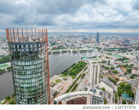 Yekaterinburg skyscraper aerial panoramic view at spring or autumn in clear sunset. Yekaterinburg is the fourth largest city in Russia located on the border of Europe and Asia. 116737970