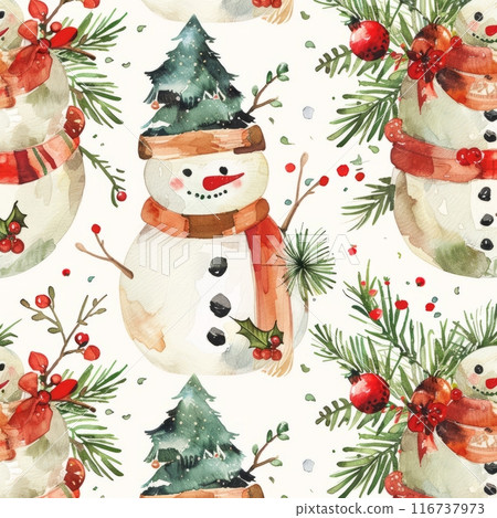 Watercolor winter pattern with snowmans, fir branches and Christmas decor. Ideal for greeting cards, covers, flyers, postcard designs, New Year invitations 116737973