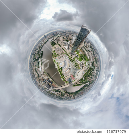 Yekaterinburg city with Buildings of Regional Government and Parliament, Dramatic Theatre, Iset Tower, Yeltsin Center, Aerial View. Little planet sphere mode 116737979