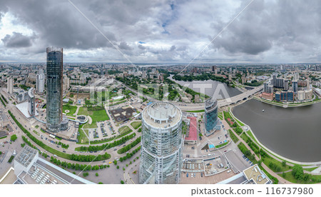 Yekaterinburg city with Buildings of Regional Government and Parliament, Dramatic Theatre, Iset Tower, Yeltsin Center, panoramic view at summer sunset. 116737980