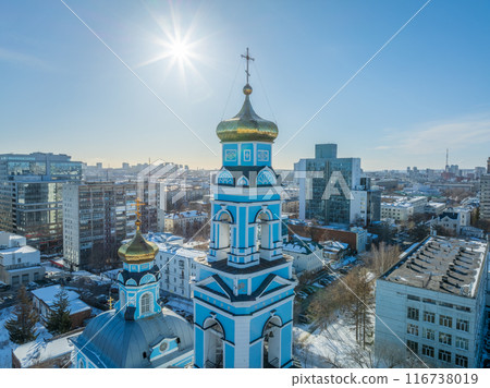 Winter Yekaterinburg and Temple of the Ascension in clear sunset. 116738019