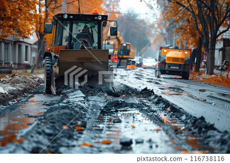 Road repair works. Work on laying an asphalt road. Road repair works. Work on laying an asphalt road. 116738116
