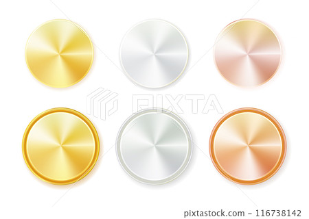 Medals logo. Round awards in gold, silver and bronze metallic colors coin. Vector Medals logo. Round awards in gold, silver and bronze metallic colors coin. Vector 116738142
