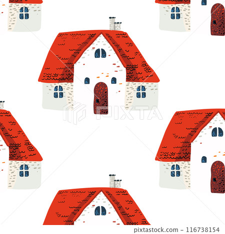 Seamless pattern. A simple fairytale house with a red roof in Scandinavian style. White background for cards, posters. Packaging paper and textiles 116738154