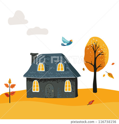 Cartoon evening Village House with a tiled roof. Folk yellow leaves on a tree. Postcard and poster. For children print and textiles Cartoon evening Village House with a tiled roof. Folk yellow leaves on a tree. Postcard and poster. For children print and textiles 116738156