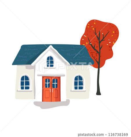 Fairytale white house with a blue roof in a simple minimalist style, red leaves on a tree on a white backdrop. Postcard and poster. Packaging paper and textiles 116738169