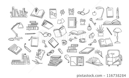 Objects on reading topic, black and white 116738284