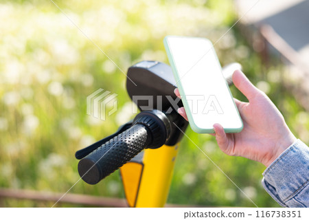 electric scooter for rent. Unblock mobile phone app for rental. Urban transportation. mockup 116738351