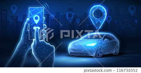Car with pin and phone in hands. Auto tech, Parking application, Car sharing, Uber service Car with pin and phone in hands. Auto tech, Parking application, Car sharing, Uber service 116738352