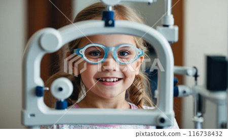 A little girl wearing blue glasses, smiling during an eye examination. 116738432