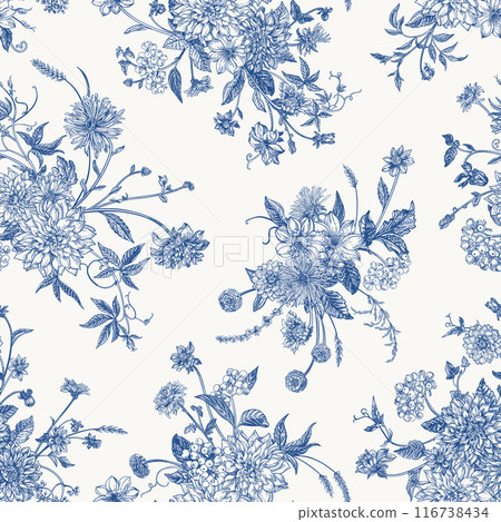 Seamless floral pattern in blue with bouquets of flowers. Vector botanical illustration. 116738434