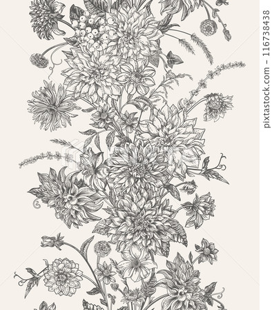 Floral border. Vertical seamless pattern with autumn flowers, herbs and berries. Vector botanical illustration. Black and white Floral border. Vertical seamless pattern with autumn flowers, herbs and berries. Vector botanical illustration. Black and white 116738438