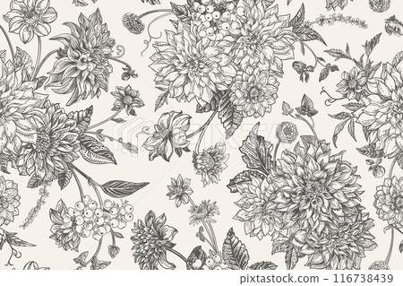 Seamless pattern with summer and autumn flowers. Vintage floral background in engraving style. Black and white 116738439