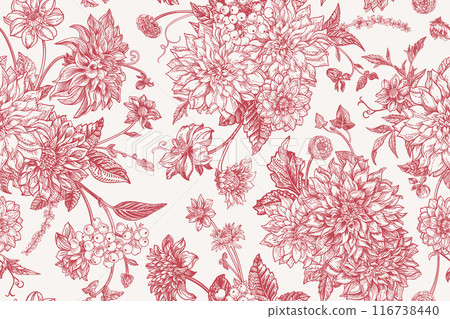 Seamless pattern with autumn flowers, herbs and berries. Vintage background in engraving style. Vector botanical detailed illustration. Red. 116738440