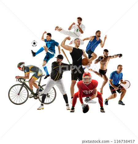 Collage with multiple male athletes of different sports showing skills and determination, in motion isolated on white background. 116738457
