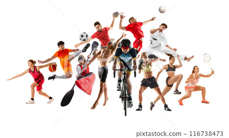 Creative set, collage with different athletes, men and women practicing various sport isolated on white background. Creative dynamic scene of sport spirit. Creative set, collage with different athletes, men and women practicing various sport isolated on white background. Creative dynamic scene of sport spirit. 116738473