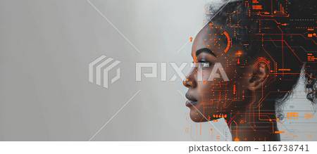 A young woman with in front of a big monitor in the middle of a modern server room. 116738741