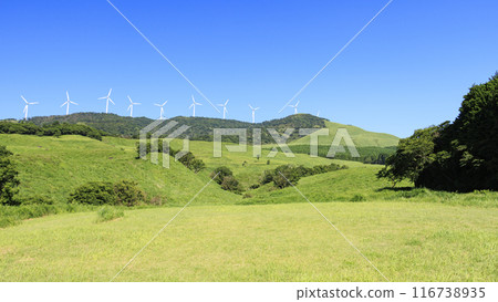 拍攝風景，風車矗立在蔚藍的天空下的草地上 116738935