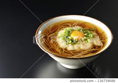 月見托羅羅蕎麥麵在黑色背景下拍攝 116739086