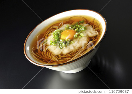 月見托羅羅蕎麥麵在黑色背景下拍攝 116739087