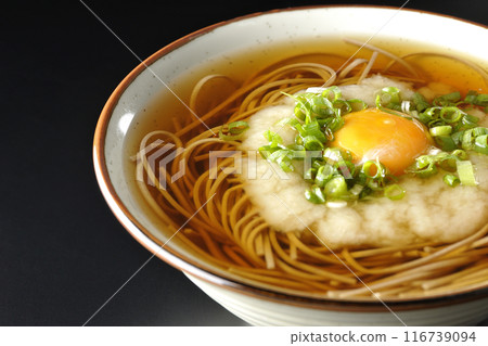 Tsukimi Tororo Soba photographed against a black background Tsukimi Tororo Soba photographed against a black background 116739094