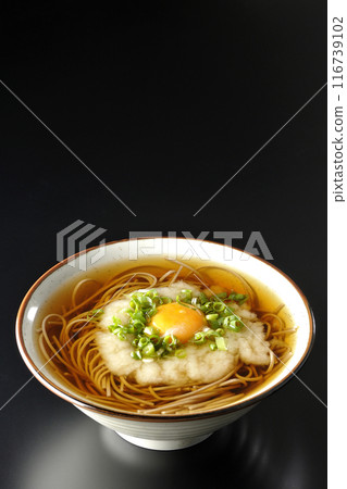 Tsukimi Tororo Soba photographed against a black background 116739102