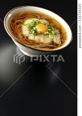 Tsukimi Tororo Soba photographed against a black background Tsukimi Tororo Soba photographed against a black background 116739105