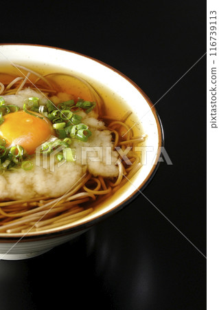 Tsukimi Tororo Soba photographed against a black background Tsukimi Tororo Soba photographed against a black background 116739113