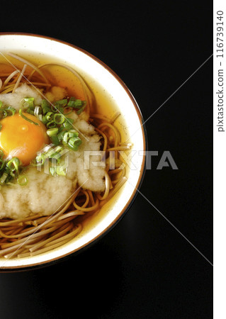 Aerial view of Tsukimi Tororo Soba noodles on a black background 116739140