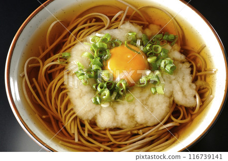 Aerial view of Tsukimi Tororo Soba noodles on a black background 116739141