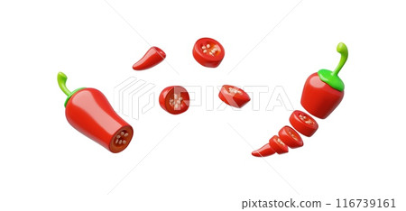 Red hot chili pepper pod chopped 3D vector icons set, ripe spicy vegetable slices, organic condiment ingredient, cayenne 116739161
