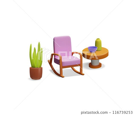 Pink 3D rocking chair, table and flower pot on isolated background. 116739253