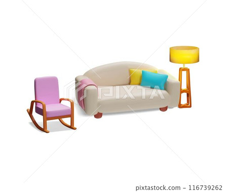 3D pink rocking chair with sofa and lamp on isolated background. 3D pink rocking chair with sofa and lamp on isolated background. 116739262