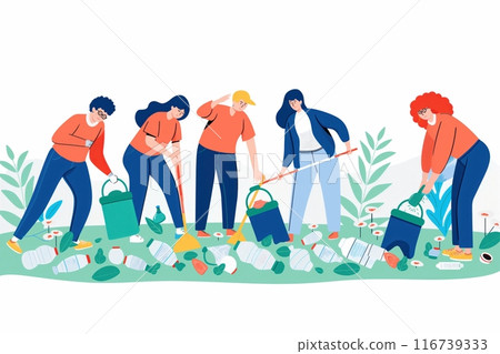 Illustration of diverse group of people working together to clean up litter. Teamwork and commitment to environmental conservation. Illustration of diverse group of people working together to clean up litter. Teamwork and commitment to environmental conservation. 116739333