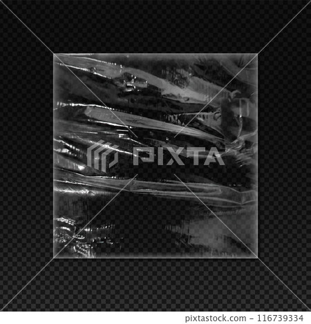 Plastic or vinyl wrap texture with wrinkles, vector realistic stretched polyethylene cling film, PVC square pack overlay Plastic or vinyl wrap texture with wrinkles, vector realistic stretched polyethylene cling film, PVC square pack overlay 116739334
