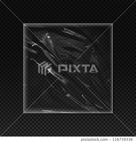Plastic or vinyl wrap texture with wrinkles, realistic shrink polyethylene sleeve, vector PVC square frame cling film Plastic or vinyl wrap texture with wrinkles, realistic shrink polyethylene sleeve, vector PVC square frame cling film 116739336