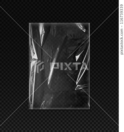 Plastic or vinyl wrap texture with wrinkles, vector polyethylene sleeve PVC rectangle transparent overlay cling film bag 116739339