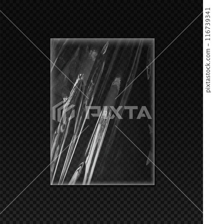 Plastic or vinyl wrap texture with wrinkles, vector realistic polyethylene, PVC rectangle transparent overlay cling film 116739341