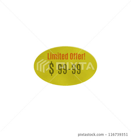 Adhesive paper yellow oval price tag vector icon, best price label blank, limited offer, sticker of special discounts, coupon Adhesive paper yellow oval price tag vector icon, best price label blank, limited offer, sticker of special discounts, coupon 116739351