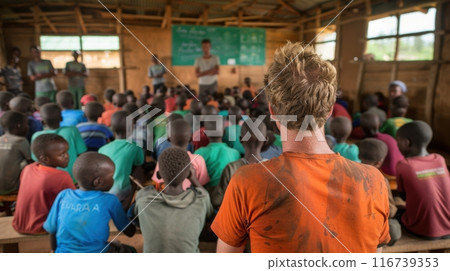 Group of African children sit attentively on benches in classroom, facing teacher. Challenges and opportunities of education systems in Africa. 116739353